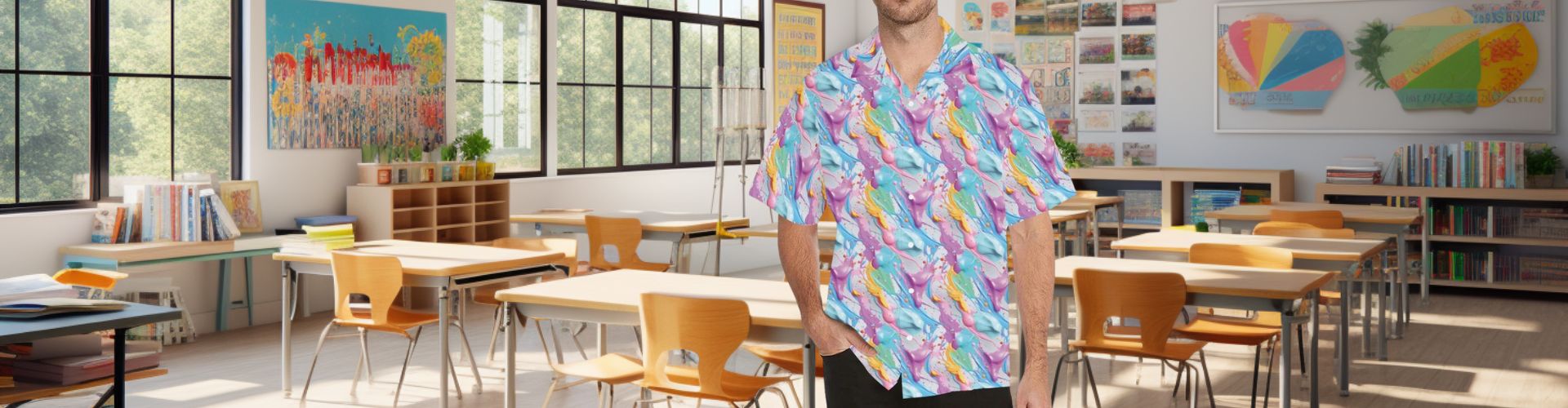 Art teacher wearing 3D paint splatter design in classroom